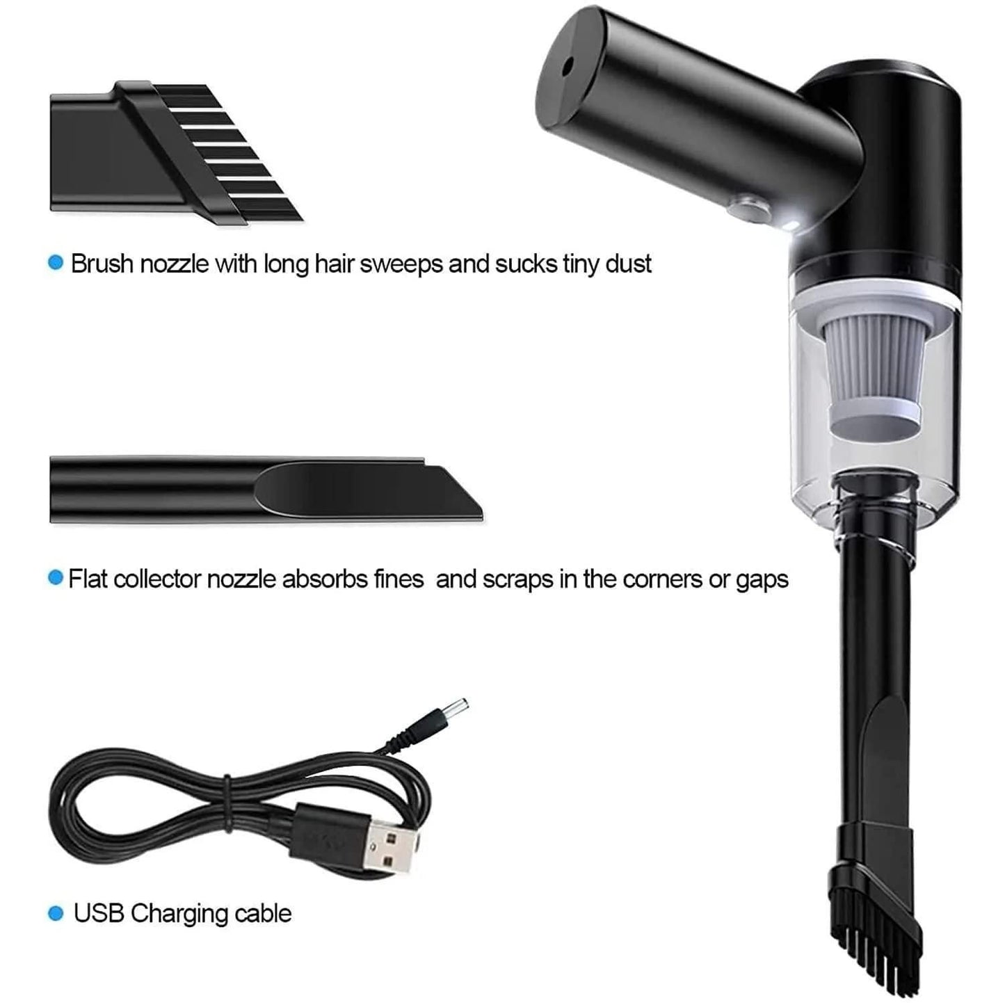 Black handheld vacuum cleaner with various nozzles and USB charging cable